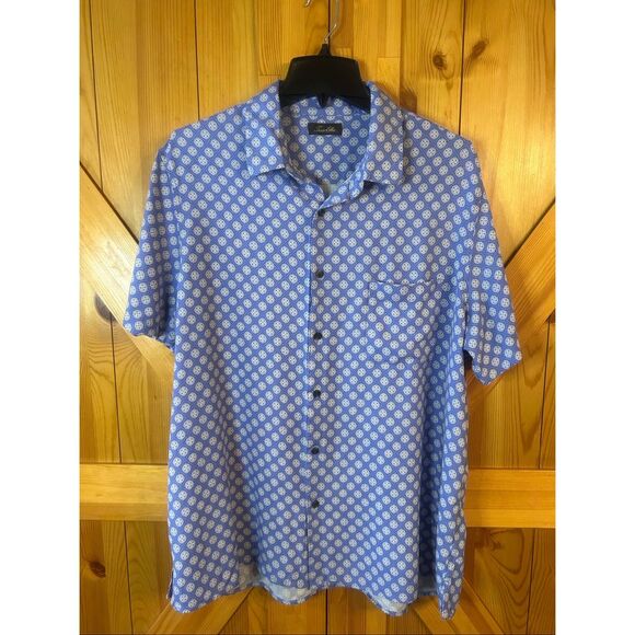 Tasso Elba Blue Silk Blend Geometric Short Sleeve Button Up Shirt Size XXL (5784 - Picture 1 of 5